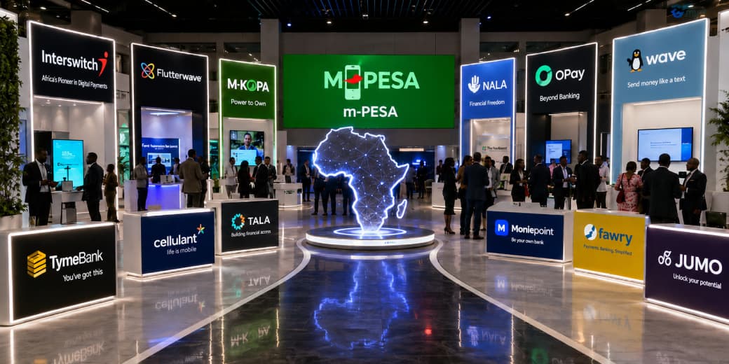 African fintech brands displayed around an exhibition floor. Credit: tecMAMBO.
