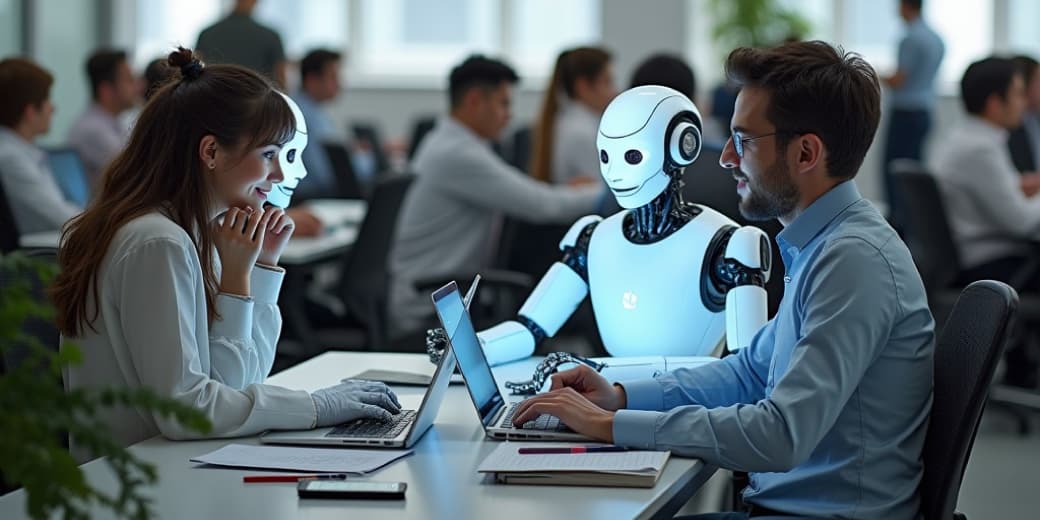 Junior tech workers and an AI robot collaborating in an office.
