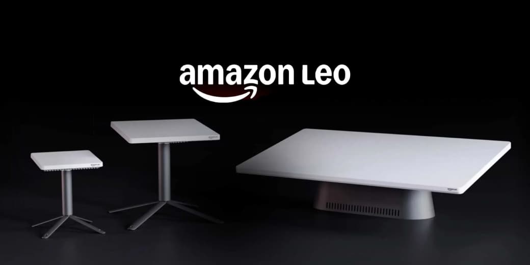 Amazon Leo satellite internet terminals shown against a dark background.
