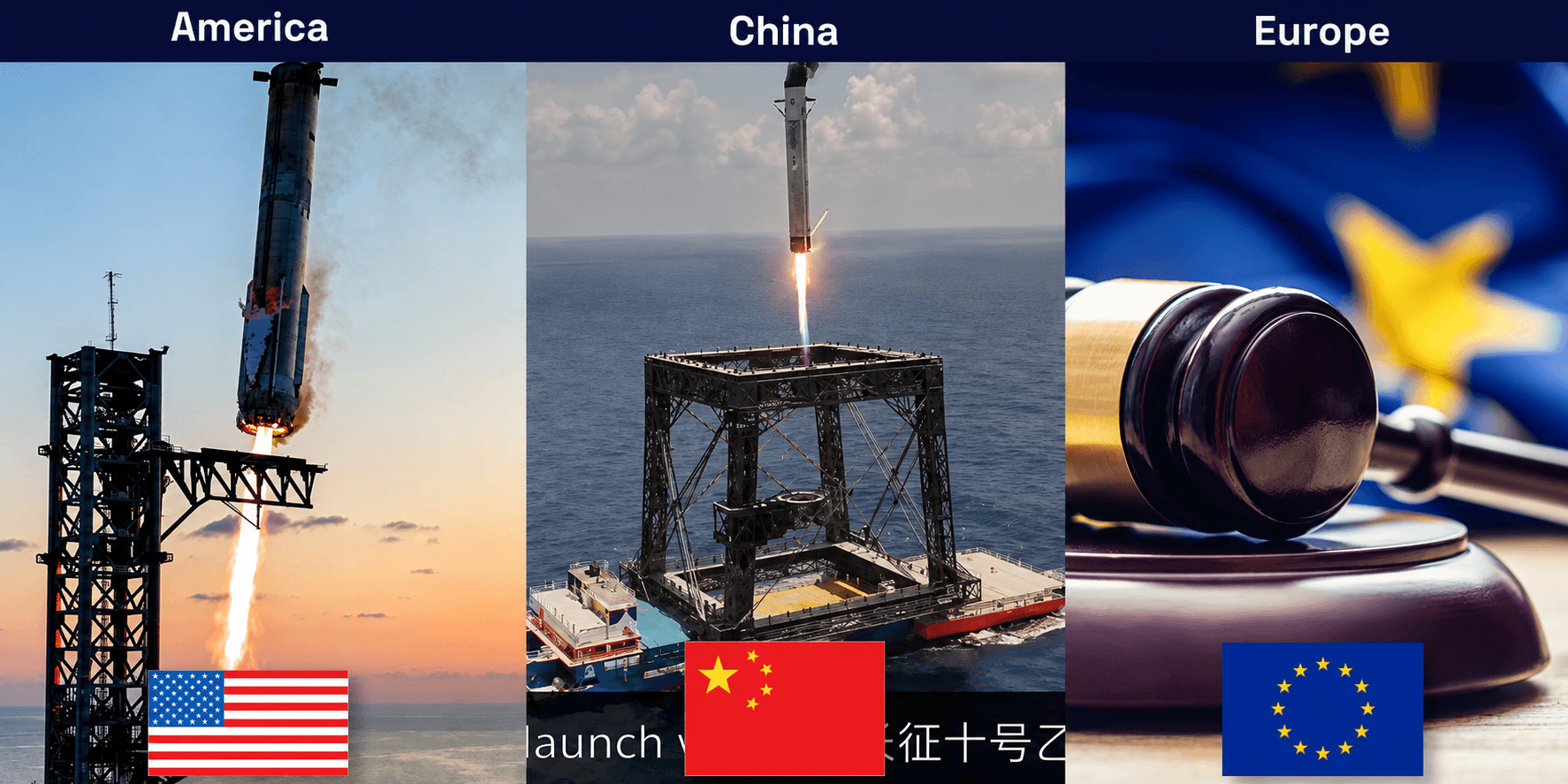 A labeled triptych showing America, China, and Europe through rocket recovery and technology regulation imagery. Credit: tecMAMBO.