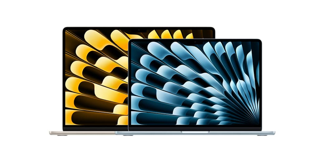 Two Apple MacBook Air laptops with patterned wallpapers.