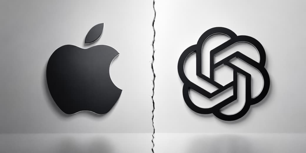 Apple and OpenAI logos separated by a crack, illustrating a trade secrets dispute. Credit: tecMAMBO.