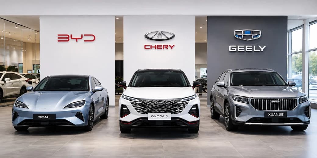 BYD, Chery and Geely vehicles displayed together inside a dealership.