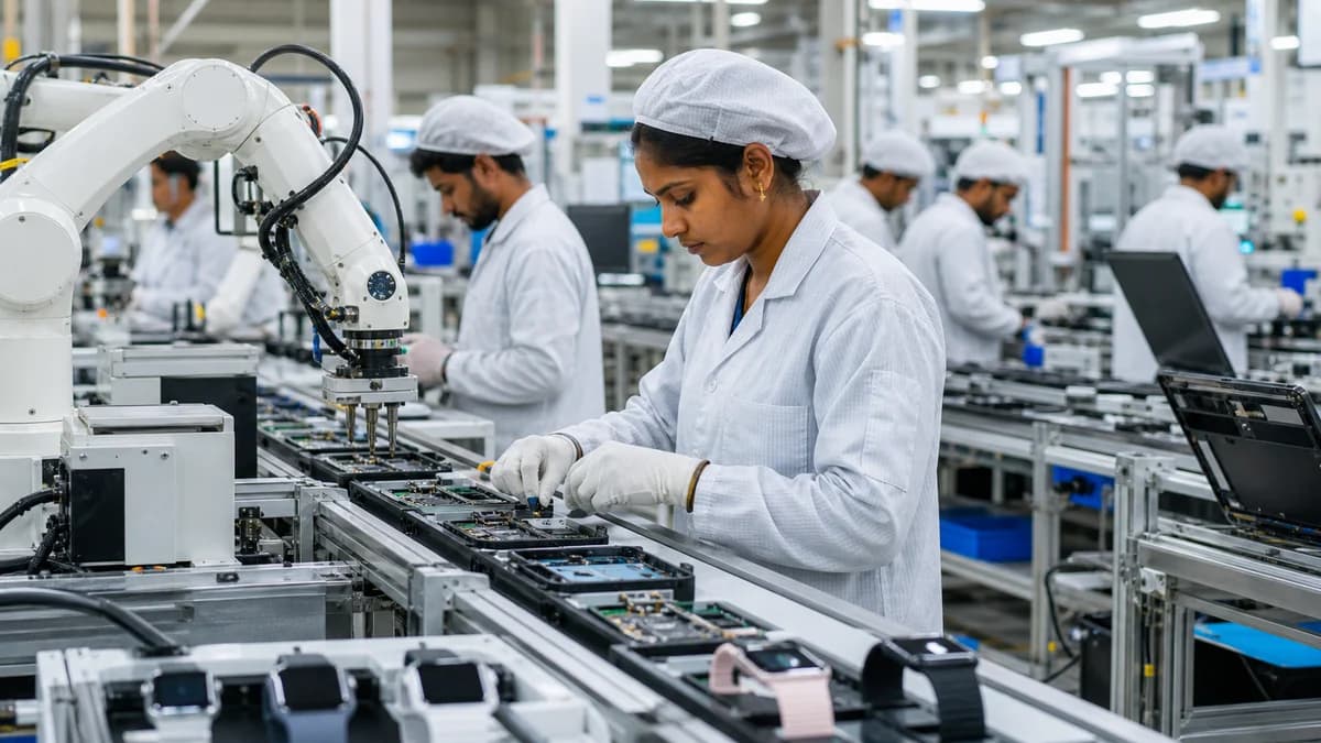 Electronics assembly line in India producing smartphones, laptops and wearable devices.
