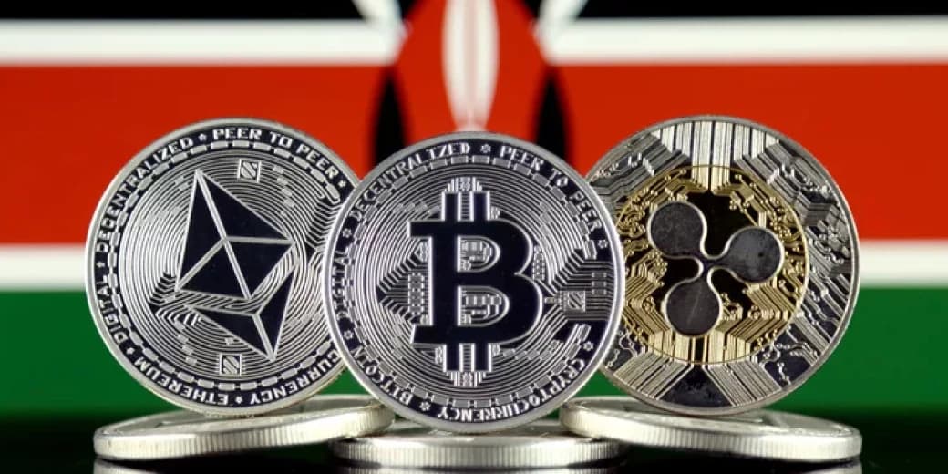 Ethereum, Bitcoin and XRP coins displayed in front of the Kenyan flag.