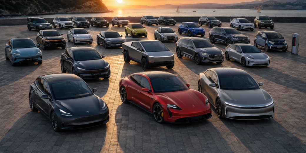 A wide selection of electric vehicles gathered in a display lot. Credit: tecMAMBO.