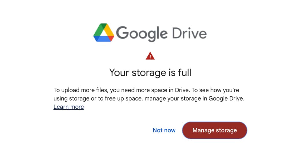 Google Drive storage full warning with a manage storage button.