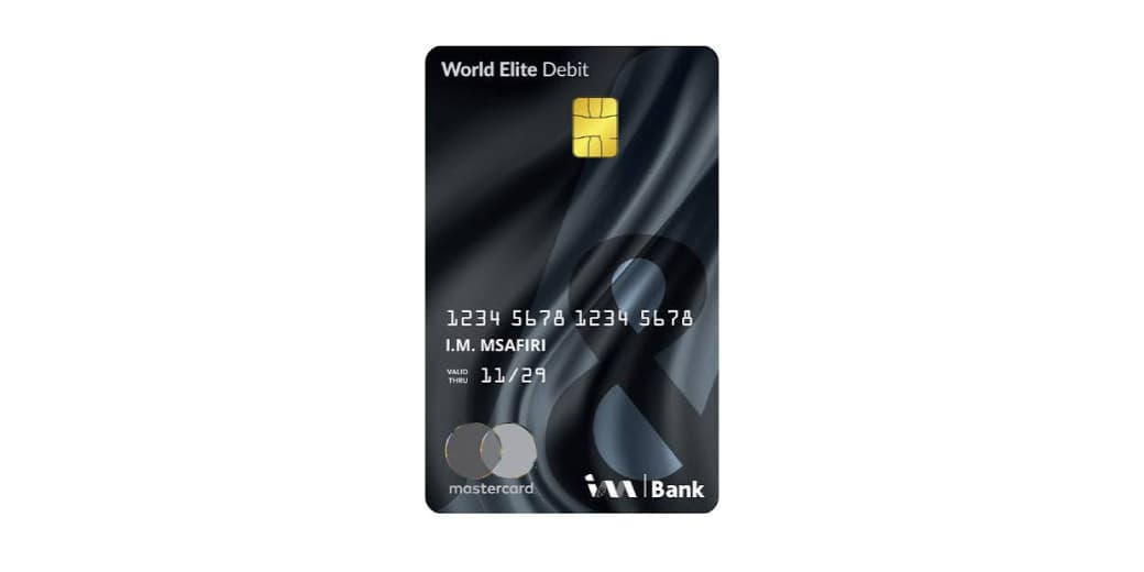 I&M Bank World Elite Debit card with Mastercard branding on a white background.