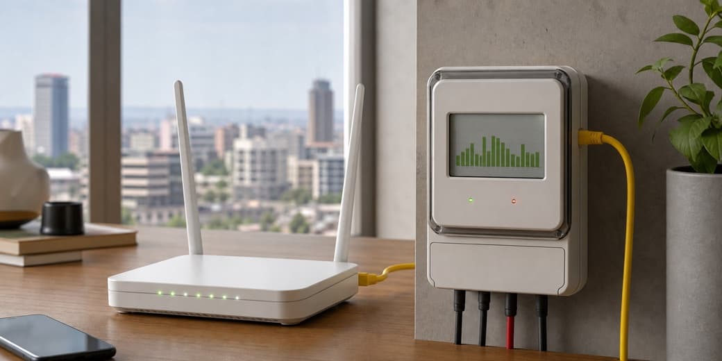 A home internet router beside a digital utility meter. Credit: Generated for tecMAMBO.