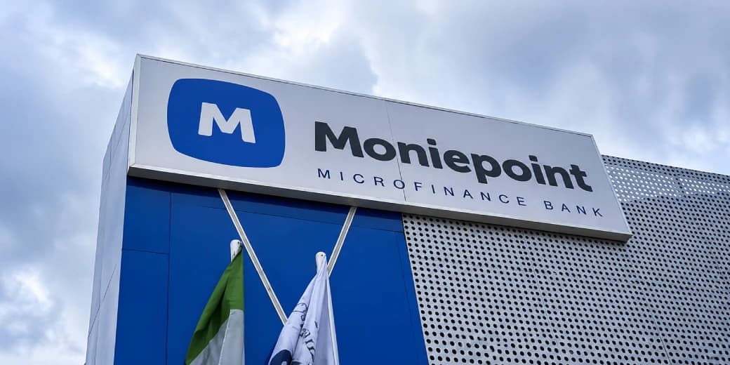 Moniepoint Microfinance Bank signage on the exterior of a Nigerian office building. Image credit: Moniepoint.