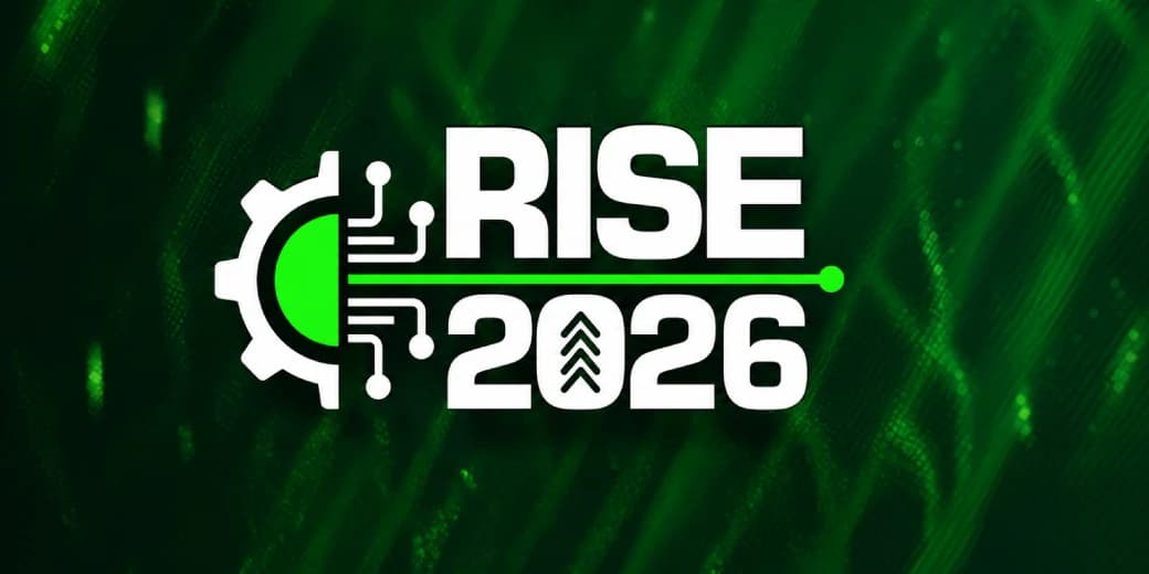 RISE 2026 technology event logo on a green digital background.