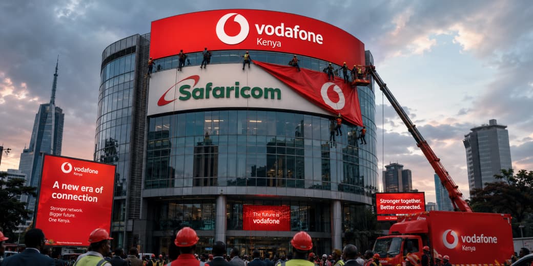 Vodafone Kenya branding being installed above Safaricom branding on a Nairobi office building. Credit: tecMAMBO.