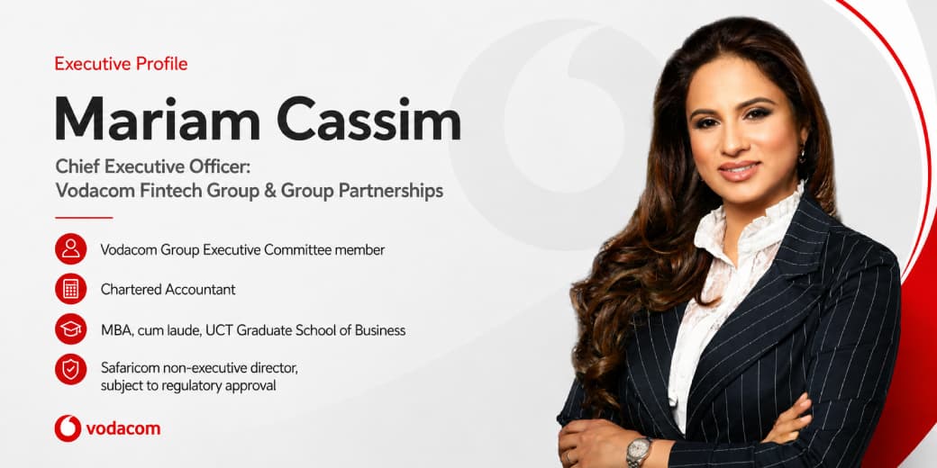 Mariam Cassim executive profile card showing her Vodacom fintech and partnerships leadership credentials.