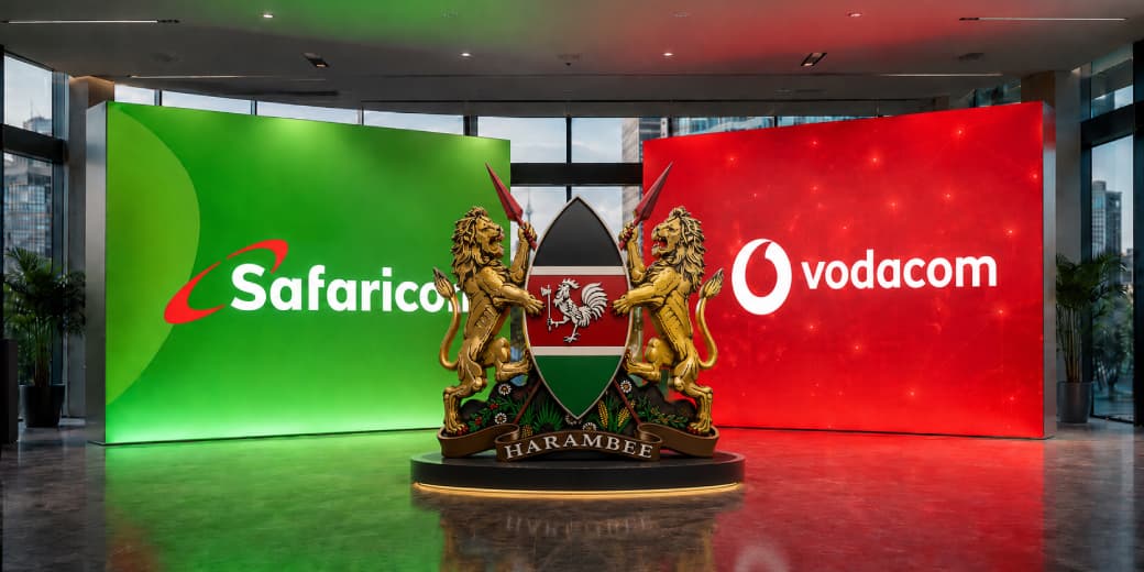 Safaricom and Vodacom branding beside the Kenyan coat of arms. Credit: tecMAMBO.