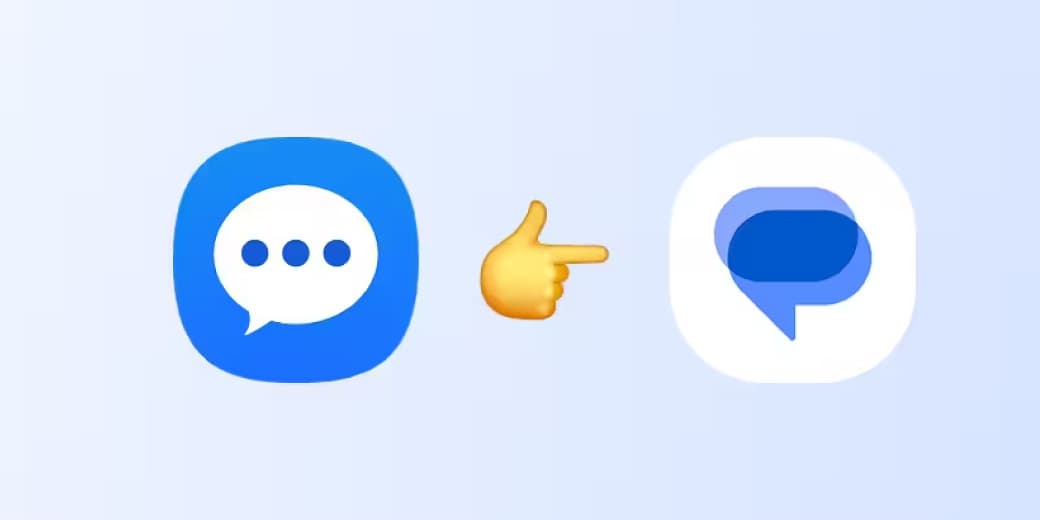 Samsung Messages icon pointing toward Google Messages icon.