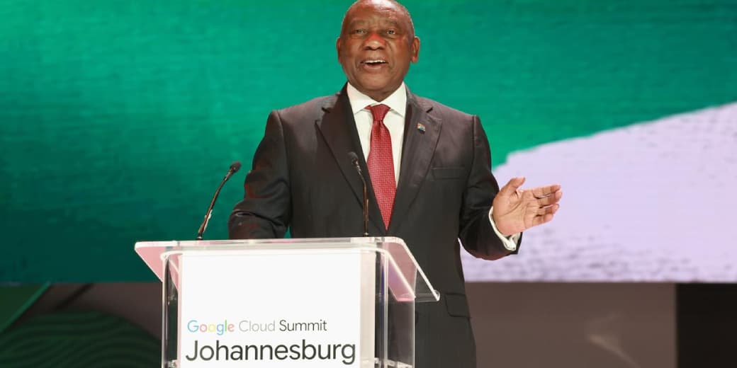 President Cyril Ramaphosa speaking at the Google Cloud Summit in Johannesburg. Credit: GovernmentZA / x.com.