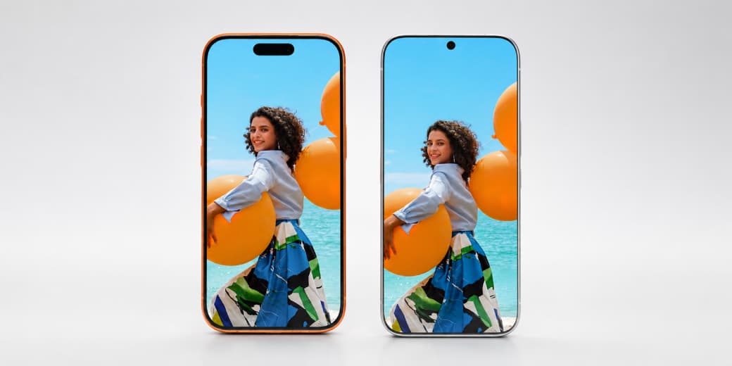 Two near-borderless concept phones displayed side by side with different front camera cut-outs.