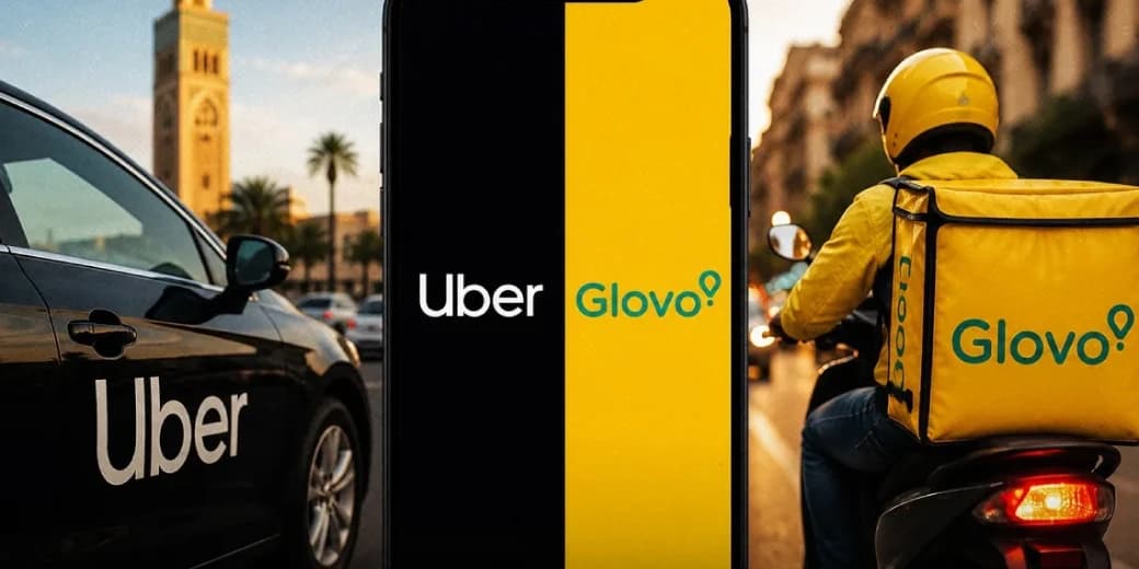 Uber and Glovo branding shown alongside a Glovo delivery rider and an Uber car.