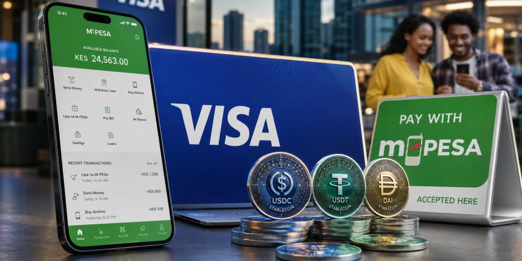 Visa, M-Pesa and stablecoin tokens shown in a payments scene.
