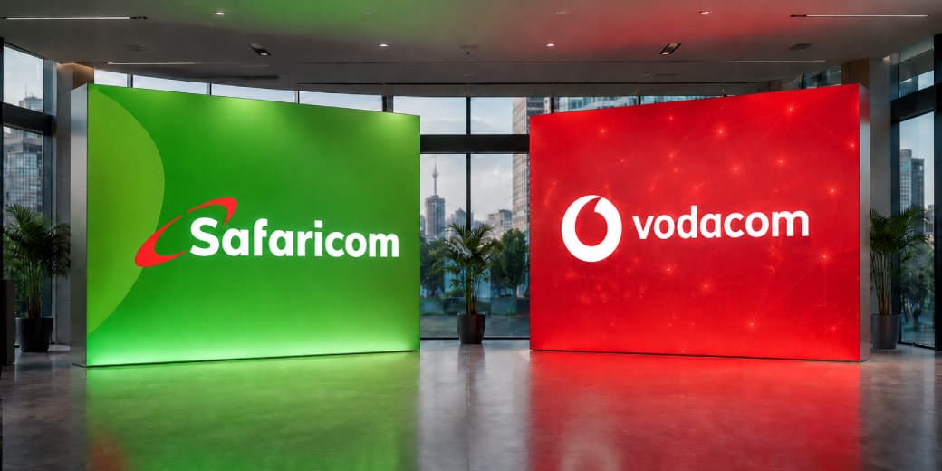 Safaricom and Vodacom branding in a modern office lobby. Credit: tecMAMBO.